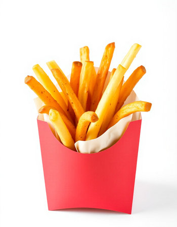 French fries in a red box on a white background. Isolated