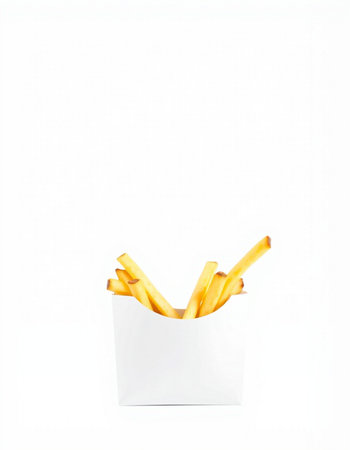 French fries in a white box on a white background, isolate.の写真素材