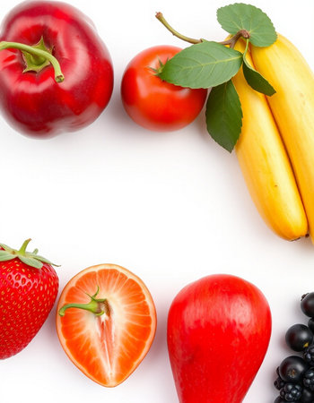 Fruits and vegetables isolated on white background with copy space for your text. Top view. Flat lay patternの写真素材