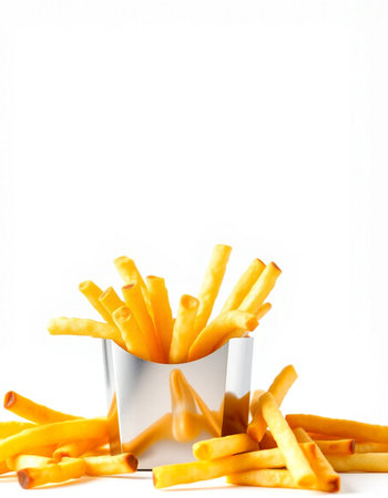 French fries in paper box on white background with copy space for text