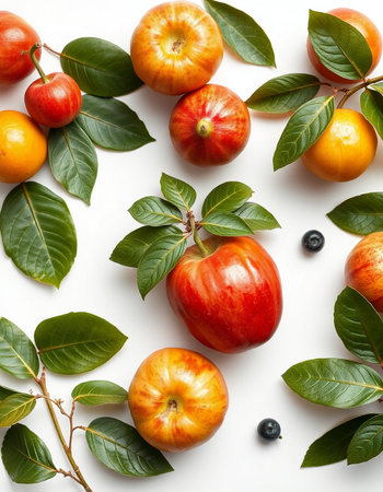 Flat lay composition with fresh ripe fruits and leaves on white backgroundの写真素材