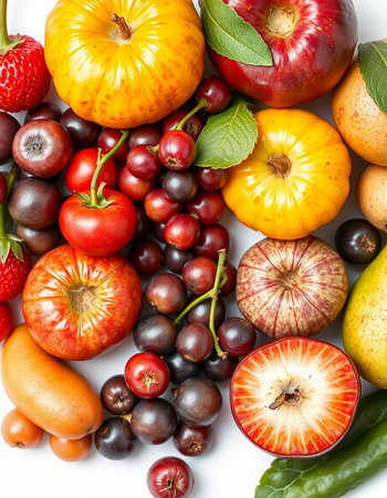 Fresh fruits and vegetables isolated on white background. Healthy eating concept.の写真素材