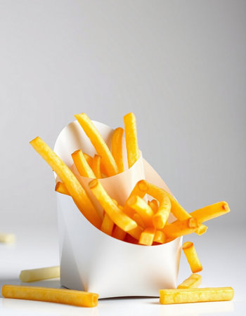 French fries in paper box on white background. Selective focus.