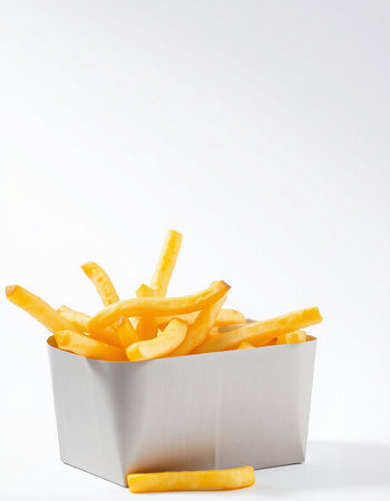French fries in a box on a white background. Selective focus.の写真素材