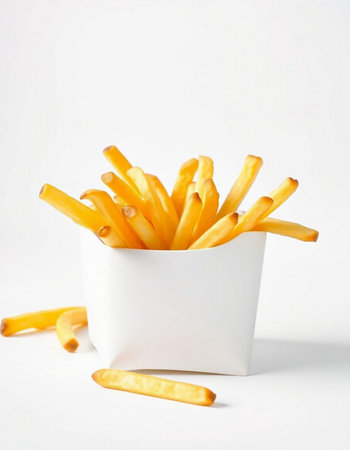 French fries in a white box on a white background. Close up.