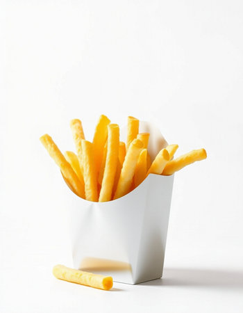 French fries in a white box on a white background with copy space