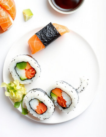 Sushi rolls with salmon, avocado and cucumber on white backgroundの写真素材