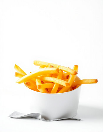 French fries in white bowl on white background. Selective focus.の写真素材