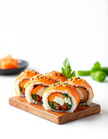 Sushi roll with salmon, cream cheese and cucumber on a white backgroundの写真素材