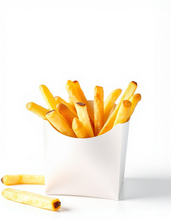 French fries in a white box on a white background, close-up