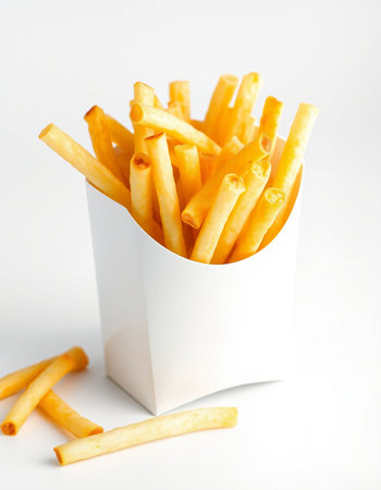 French fries in a white box on a white background. Selective focus.