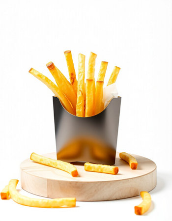 French fries in a box on a white background. Fast food.