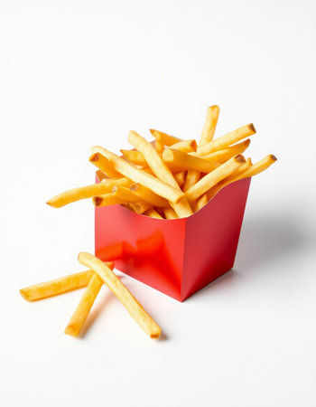 French fries in red box on white background. Fast food concept.