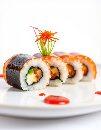 Sushi roll japanese food style on white background with copy spaceの写真素材