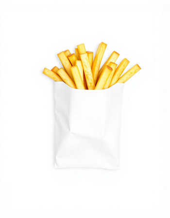 French fries in white paper bag isolated on white background. Top view.の写真素材