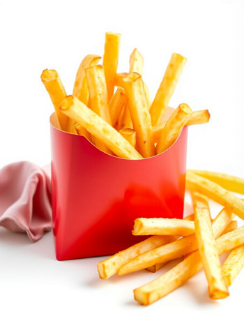 French fries in a red box on a white background, close-up