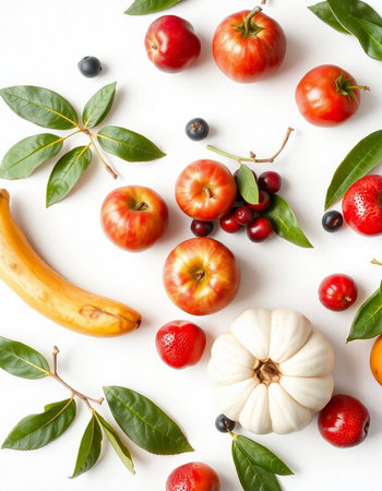 Flat lay composition with fresh fruits and vegetables on white background.