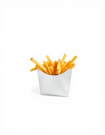 French fries in a white box isolated on white background. Fast food.