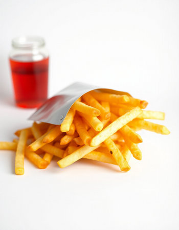 French fries with tomato sauce on white background. Selective focus.の写真素材