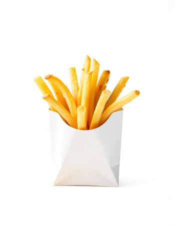 French fries in a white box isolated on white background. Fast food.