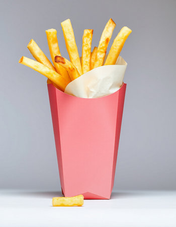 French fries in a red box on a white table and gray background