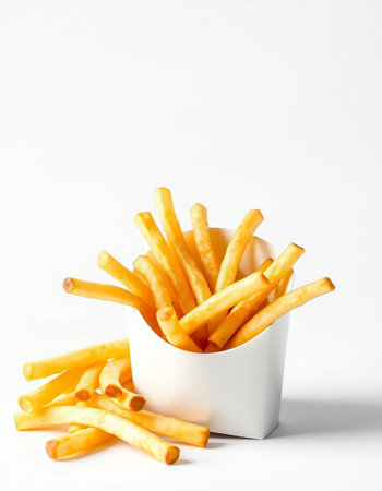 French fries in a white bowl on a white background, close-up