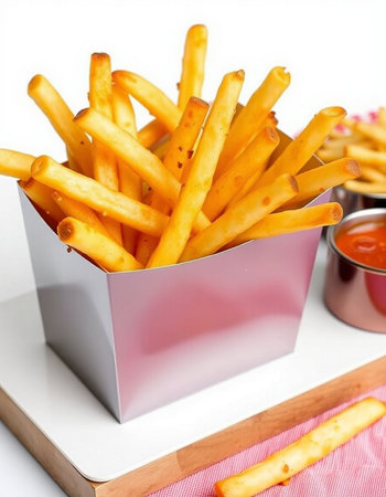 French fries in a box with ketchup on a white background.