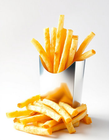 Golden French fries in a metal box on a white background, close-up