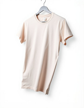 Beige t-shirt on a hanger isolated on white background