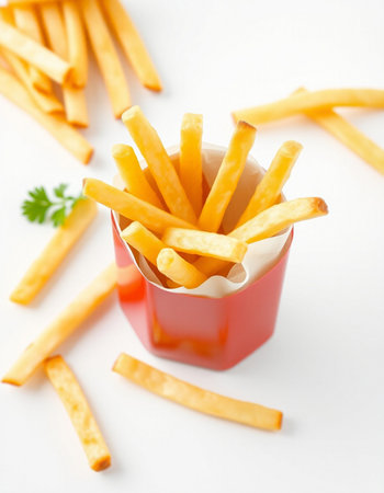 French fries in a red box on a white background, selective focus