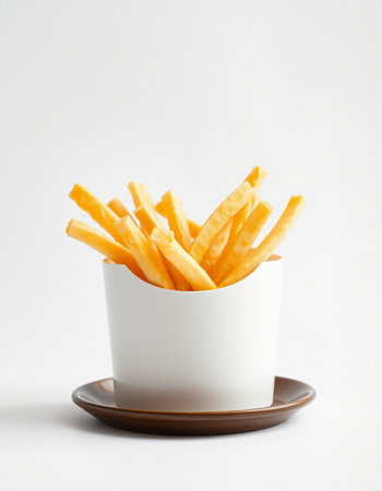 French fries in a white cup on a white background, fast foodの写真素材