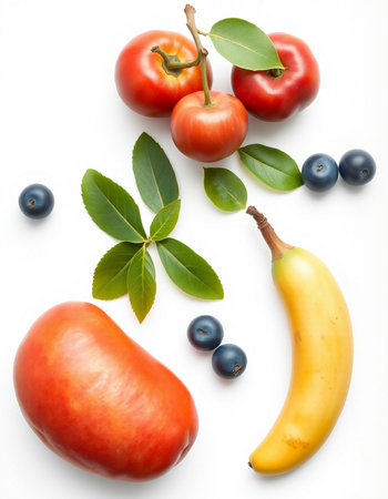 Fresh fruits and vegetables on a white background. Healthy food concept.の写真素材