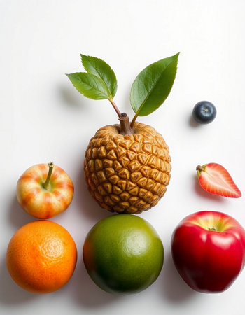 Fruit face made of pineapple, grapefruits and other fruitsの写真素材