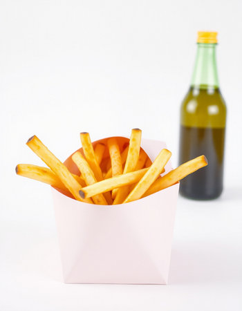 French fries in a paper box and a bottle of wine on a white backgroundの写真素材