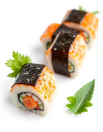 Sushi rolls with salmon, eel and caviar on white backgroundの写真素材