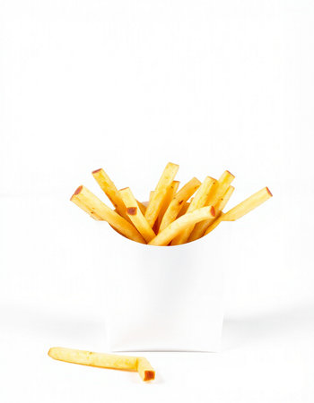 French fries in a paper box on a white background. Isolated