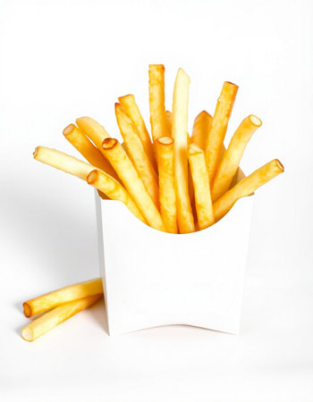 French fries in a white box on a white background, isolated.の写真素材