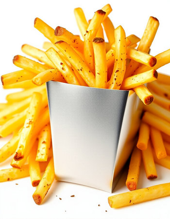 French fries in a box on a white background. Shallow dof.の写真素材