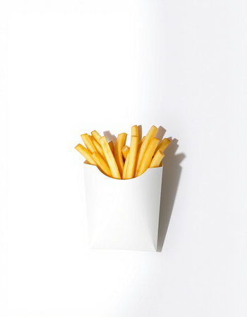 French fries in white paper box on white background. Top view.