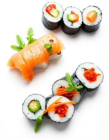 Sushi rolls on a white background, close-up, top viewの写真素材