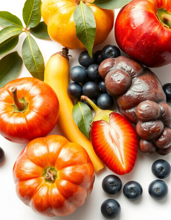 Fresh fruits and vegetables on a white background. Healthy food concept.の写真素材