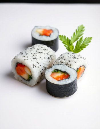Sushi roll with salmon, cucumber and cream cheese on white backgroundの写真素材