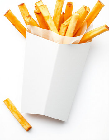 French fries in a paper box on a white background, top view