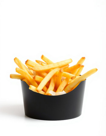 French fries in a black box on a white background. Isolatedの写真素材