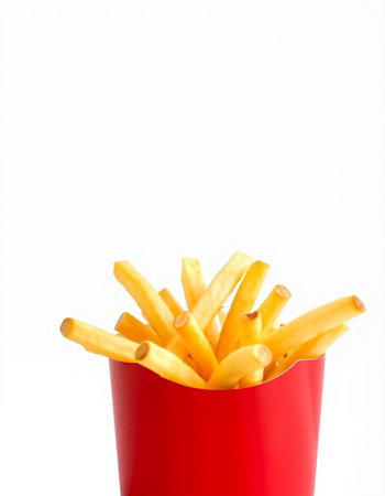 French fries in red box isolated on white background. Close up.の写真素材