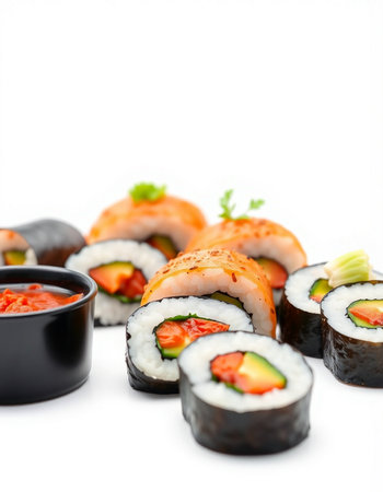 Sushi rolls with salmon, avocado and cucumber on white backgroundの写真素材