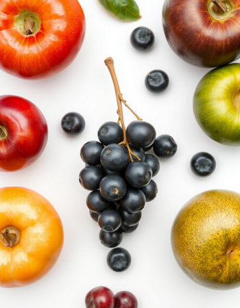 Fruits and vegetables isolated on white background. Flat lay, top viewの写真素材