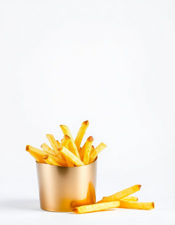 Golden French fries in a tin can isolated on a white background.の写真素材