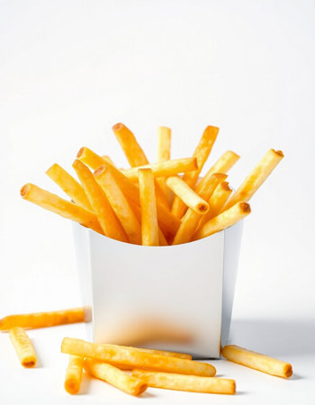 French fries in a box on a white background. Selective focus.