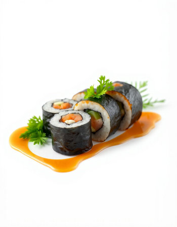 Sushi roll with salmon, avocado and cucumber on white backgroundの写真素材
